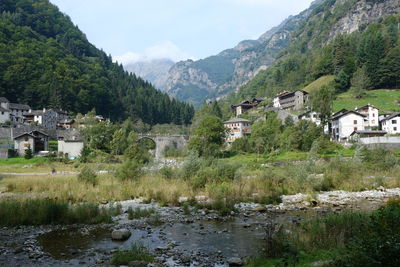 Trees and houses by mountains against sky