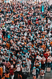 High angle view of people on street