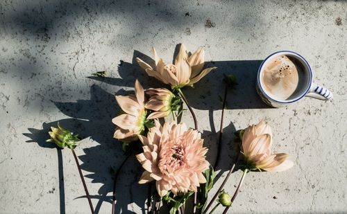 Directly above shot of flowers and coffee on table