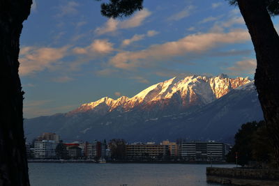 Scenic view of snowcapped mountains against sky during winter