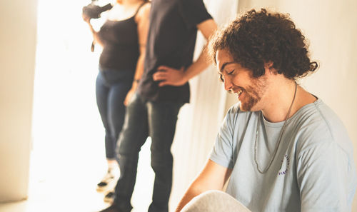 Low angle view of man with dog