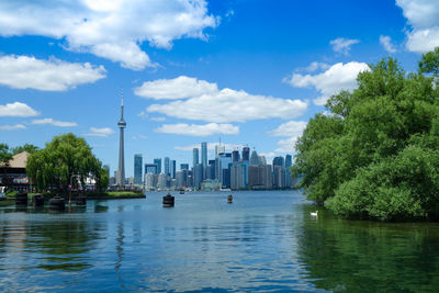 Scenic view of ontario river by buildings in city against sky