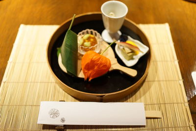 High angle view of food in plate on table