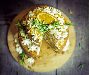 High angle close-up of cake on table