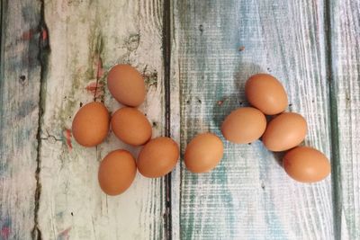 High angle view of eggs on table