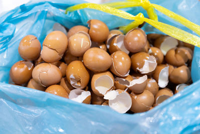 High angle view of eggs in container