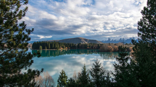 Scenic view of lake by trees against sky