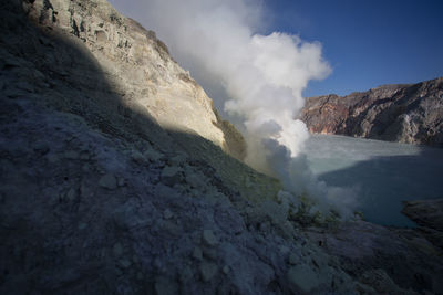 Smoke emitting from volcanic mountain against sky