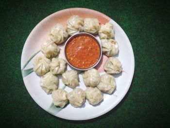 High angle view of food in plate on table