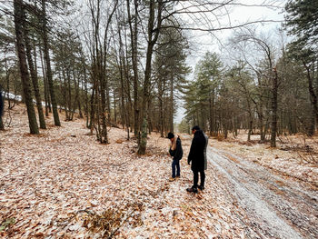 Rear view of man and woman walking in forest