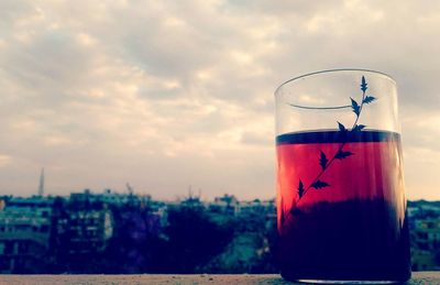 Close-up of black tea and plant in glass against sky