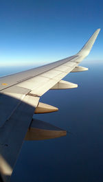 Close-up of airplane wing against sky