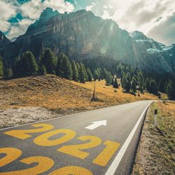 Road sign by mountains