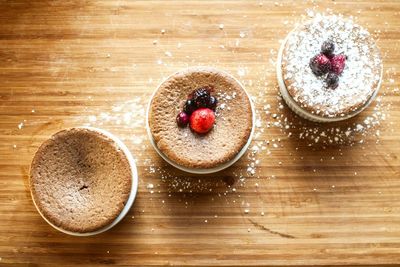 Directly above view of fresh souffles served in plate on table