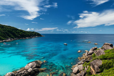 Aerial seascape of turquoise andaman sea at similan island national park, phang nga, thailand. 