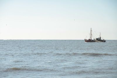 Boat sailing in sea against clear sky