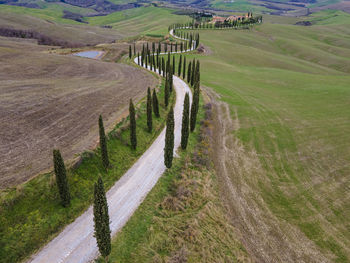 High angle view of road amidst field