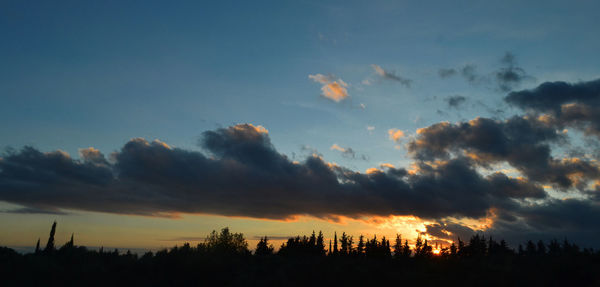 Low angle view of silhouette trees against dramatic sky