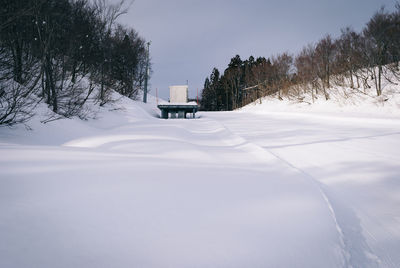 Snow covered field against sky