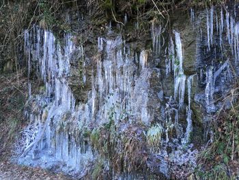 Scenic view of waterfall in forest during winter