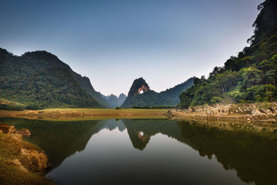 Scenic view of lake and mountains against sky