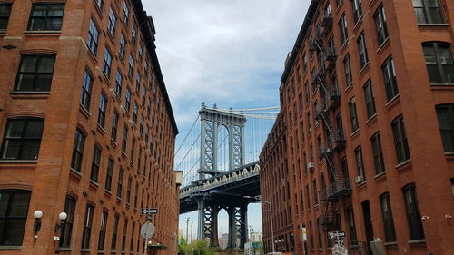 Low angle view of buildings against cloudy sky