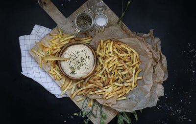 High angle view of bread in plate on table