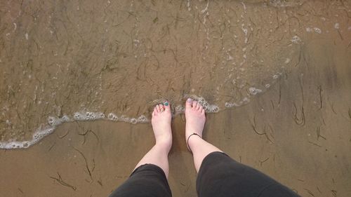 Low section of man standing on beach