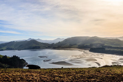 Scenic view of lake and mountains against sky