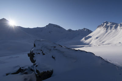 Scenic view of snowcapped mountains against clear sky