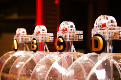 Close-up of lit candles in row