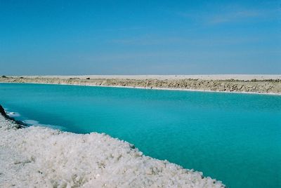 Scenic view of sea against clear blue sky