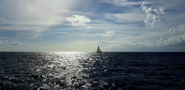 Sailboat sailing on sea against sky