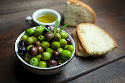 Close-up of olives and bread on table