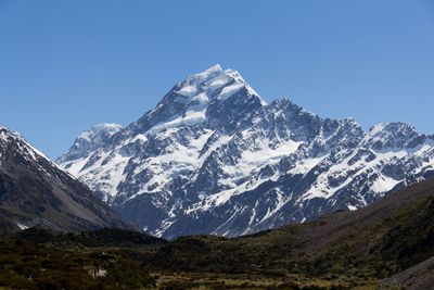 Scenic view of snowcapped mountains against clear blue sky