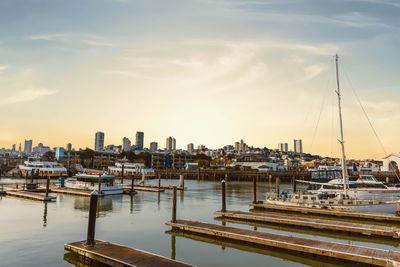 Sailboats moored in harbor at sunset