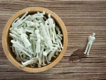 High angle view of chopped vegetables in bowl on table