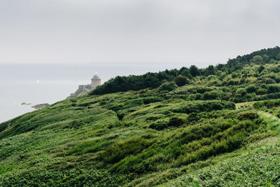 Panoramic view over cap frehel and fort la latte, brittany, france. atlantic ocean french coast