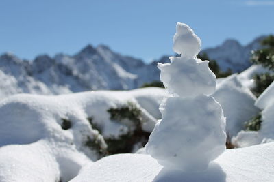 Close-up of snow covered mountain against clear sky