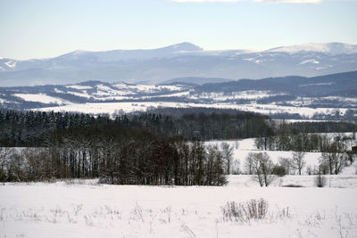 Scenic view of snowcapped mountains against sky