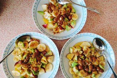 High angle view of breakfast served on table