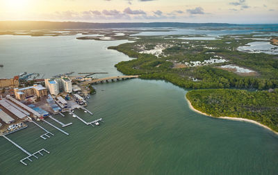 Beautiful sunset in the bay of tucacas, falcon - venezuela. aerial view.