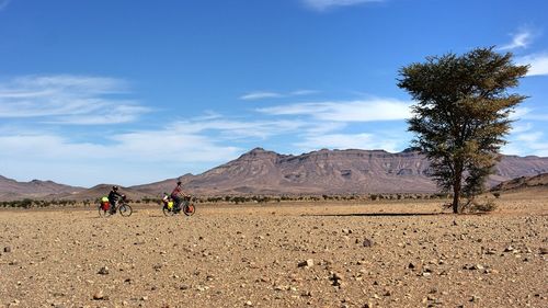 Men on landscape against blue sky