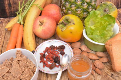 High angle view of fruits in bowl on table