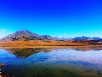 Scenic view of lake and mountains against blue sky