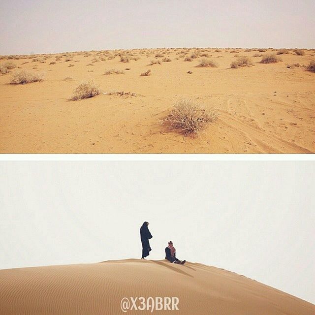 men, lifestyles, clear sky, leisure activity, copy space, rear view, person, standing, communication, day, unrecognizable person, walking, outdoors, shadow, high angle view, text, sand