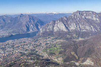 Aerial viewo of the lake of lecco and his mountains