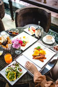 High angle view of food served on table