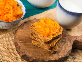 High angle view of breakfast on table