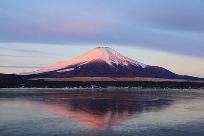 Scenic view of lake by snowcapped mountain against sky